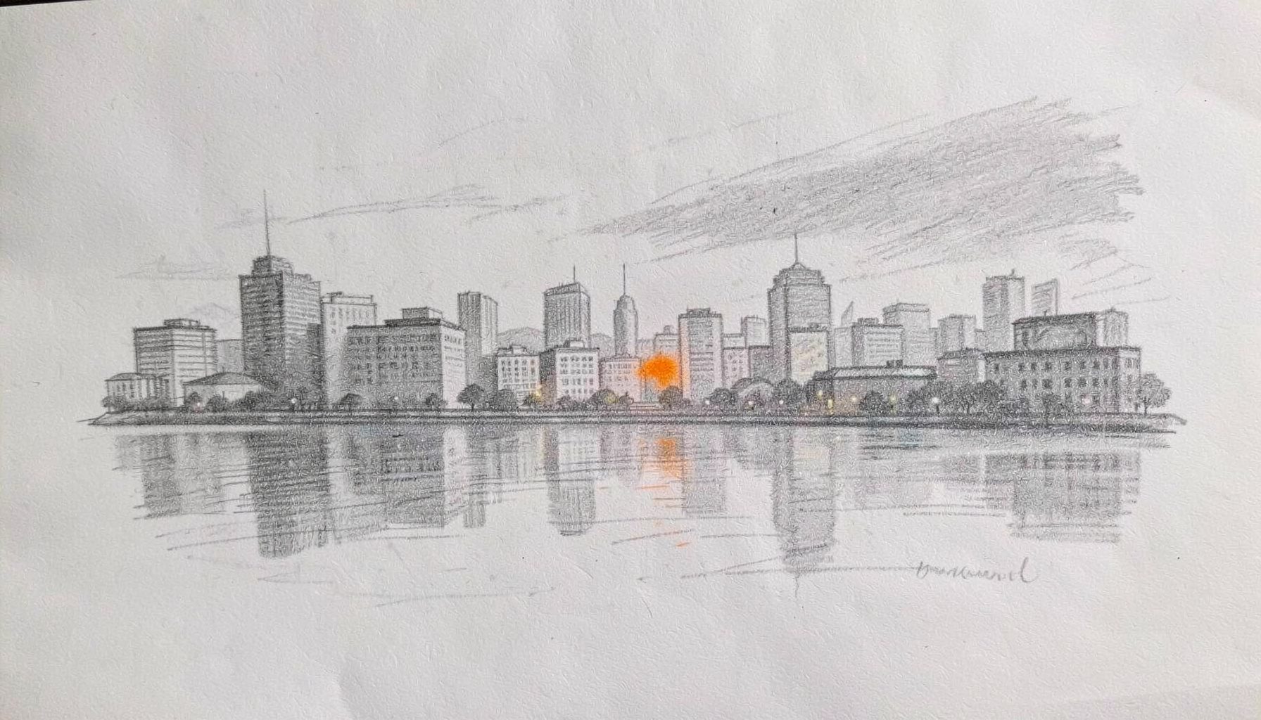 A graphite pencil sketch of a quiet city skyline at dusk, with soft gray shading and a calm, reflective mood.