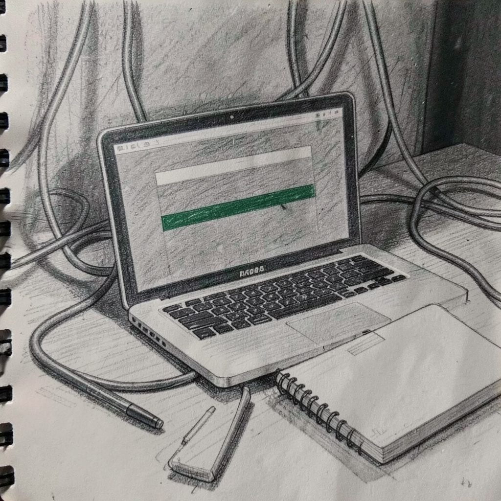 A graphite pencil sketch of a Mac laptop with a progress bar on screen, surrounded by loose cables and a notepad, in a dimly lit workspace.