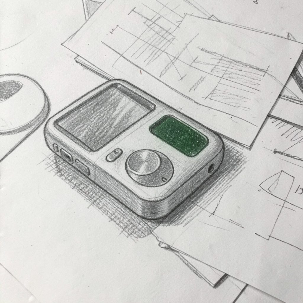 A graphite pencil sketch of a portable music player resting on a desk beside scattered papers, with soft cross-hatched shading and a quiet, contemplative mood.