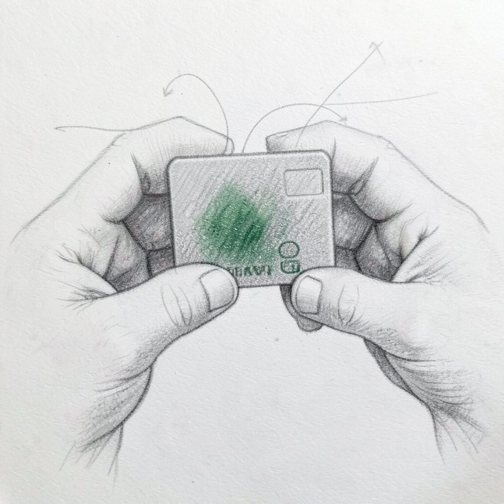 A graphite pencil sketch of a memory card held between two fingers, with faint technical lines suggesting data flow.