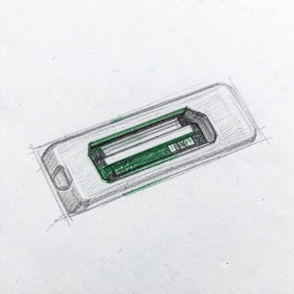 A graphite pencil sketch of a memory card slot on a Mac, with delicate shading emphasizing the card's metallic contacts and the surrounding port area.
