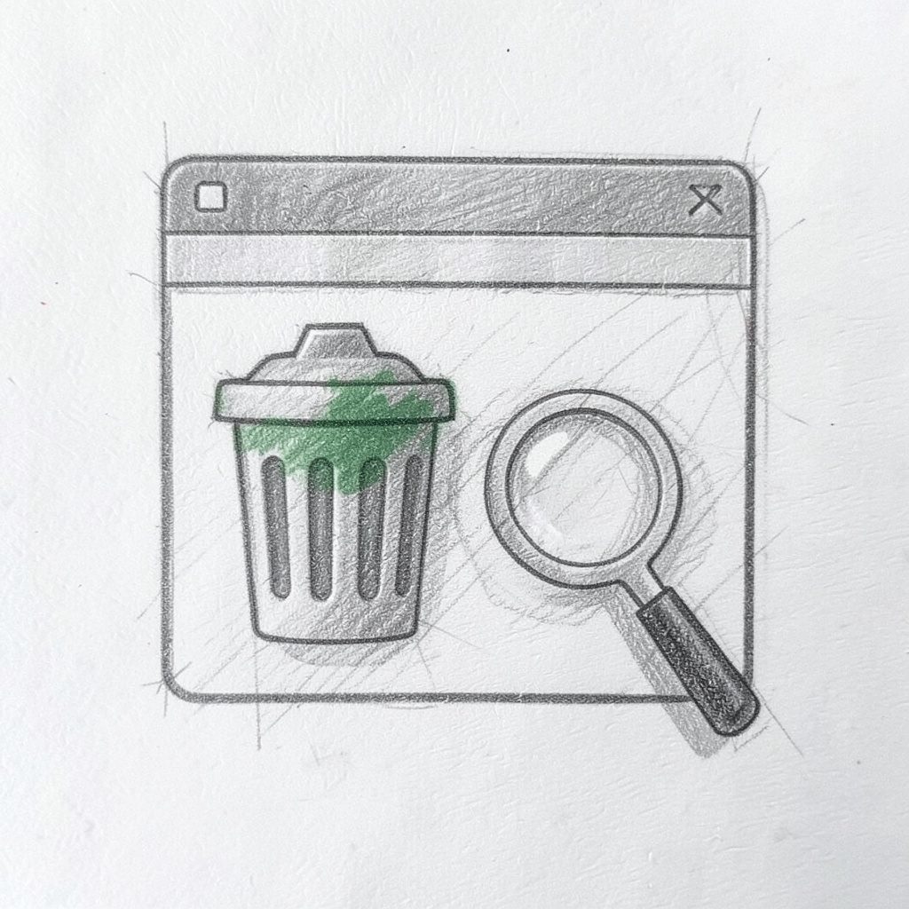 A graphite pencil sketch of a Mac Finder window showing a trash icon and a magnifying glass, with soft eraser highlights suggesting recovered files.