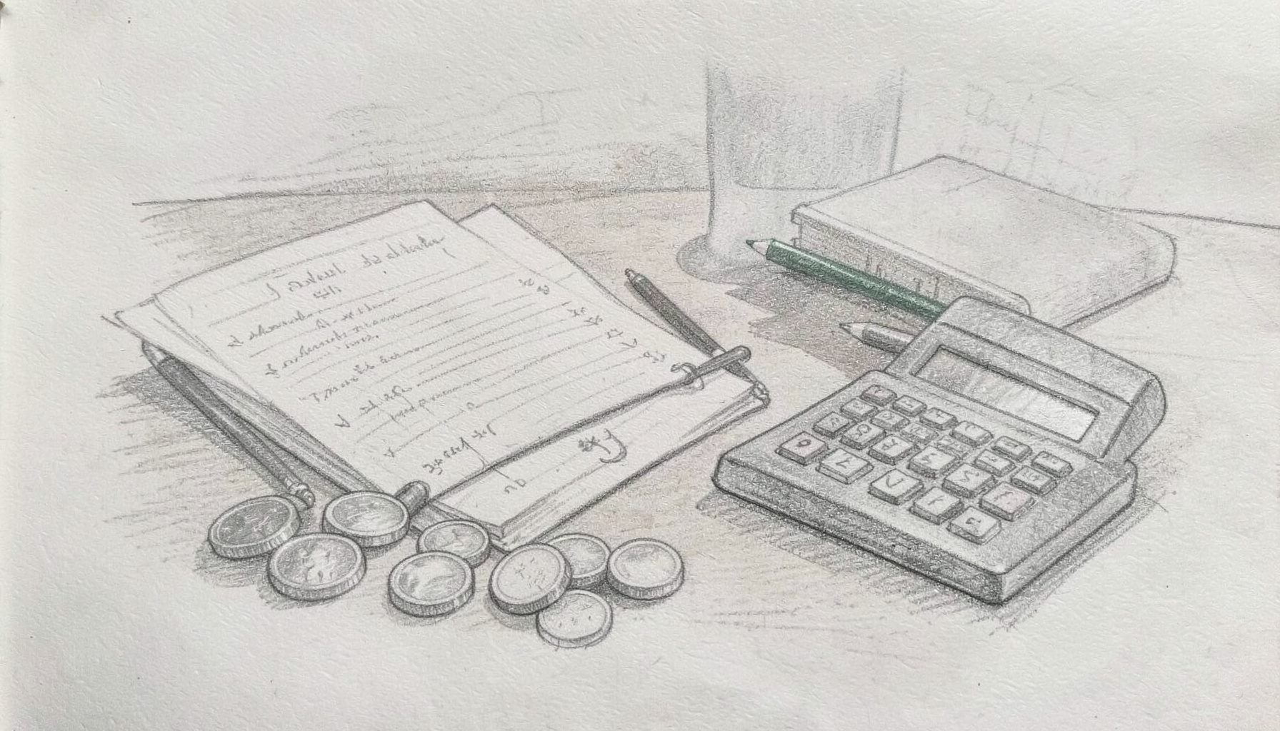 A graphite pencil sketch of a calm financial scene — a desk with scattered coins, a ledger, and a calculator, rendered in soft grey shading.