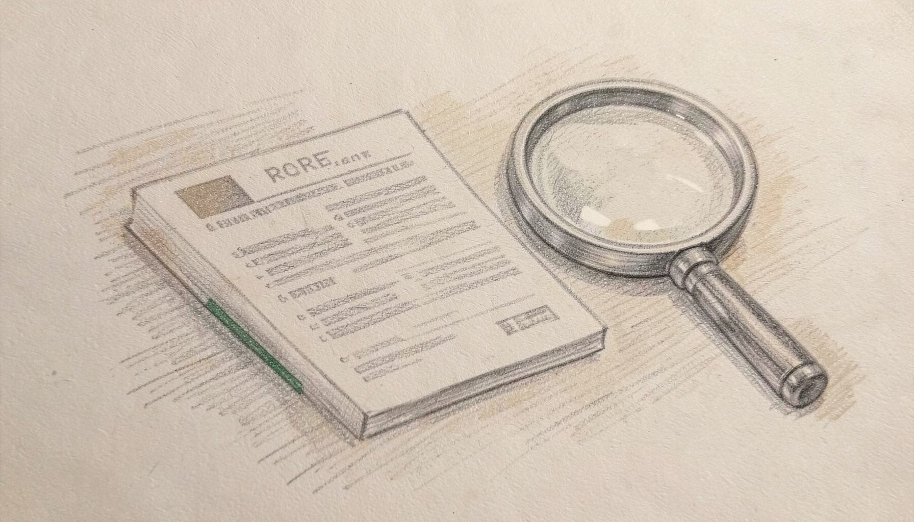 A graphite pencil sketch of a credit report document resting on a table, with a magnifying glass beside it.