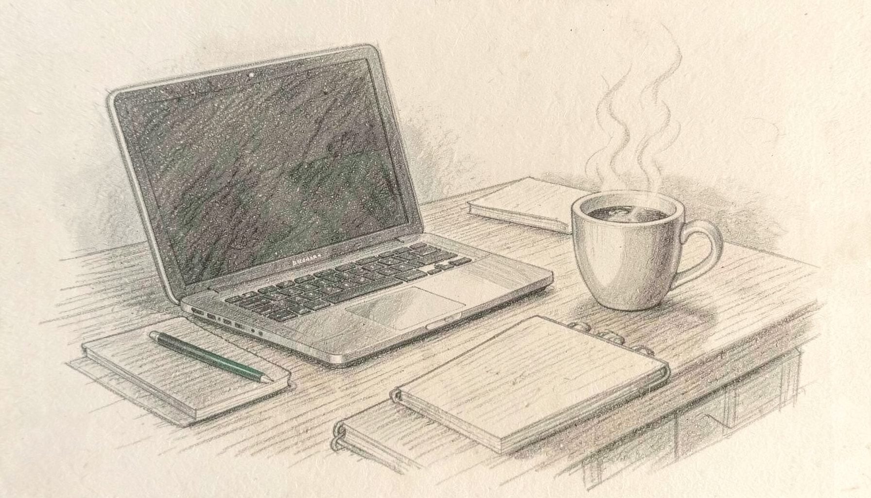 A graphite pencil sketch of a quiet workspace with a laptop, a notebook, and a steaming coffee cup on a wooden desk.