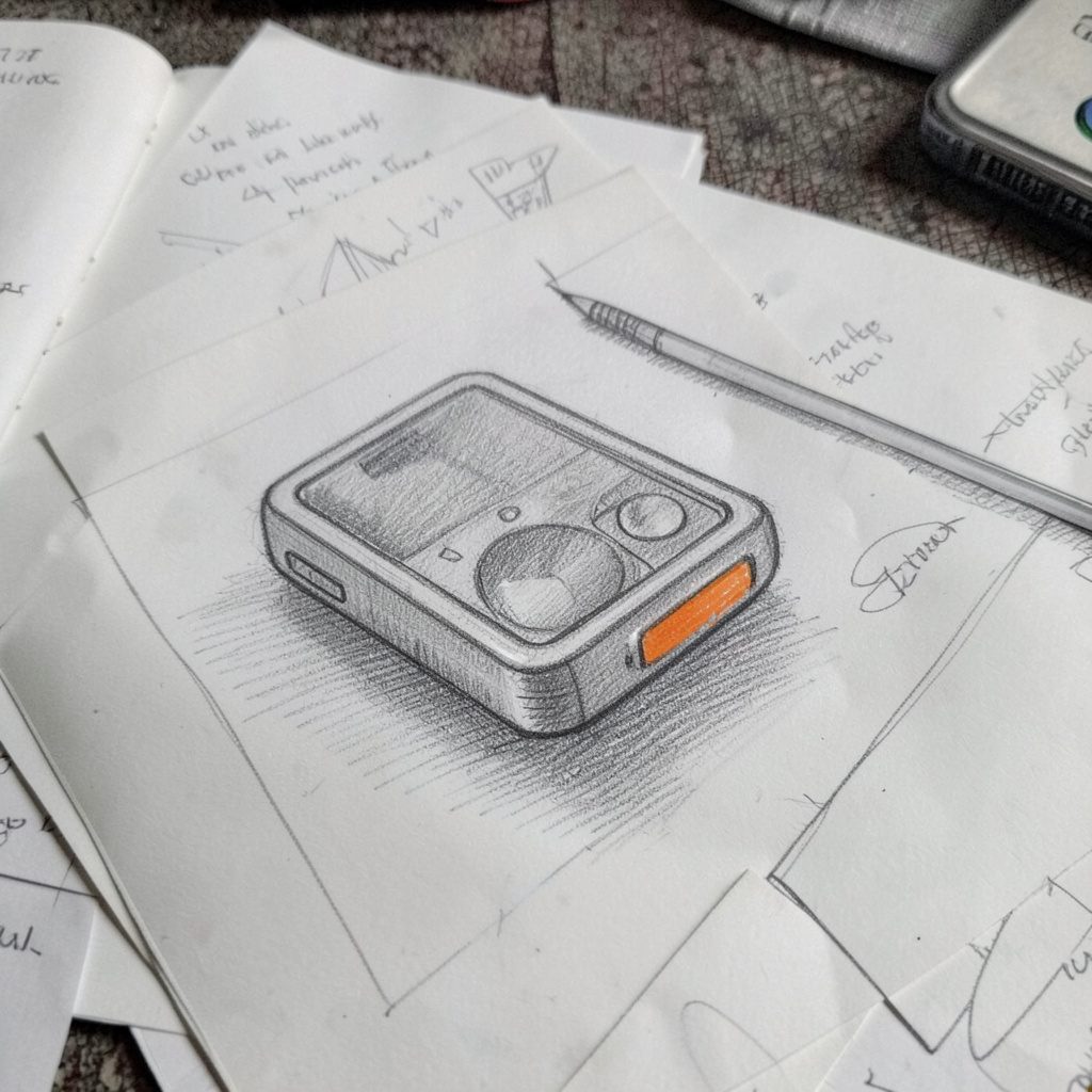 A graphite pencil sketch of a portable music player resting on a desk beside scattered papers, with soft cross-hatched shading and a quiet, contemplative mood.