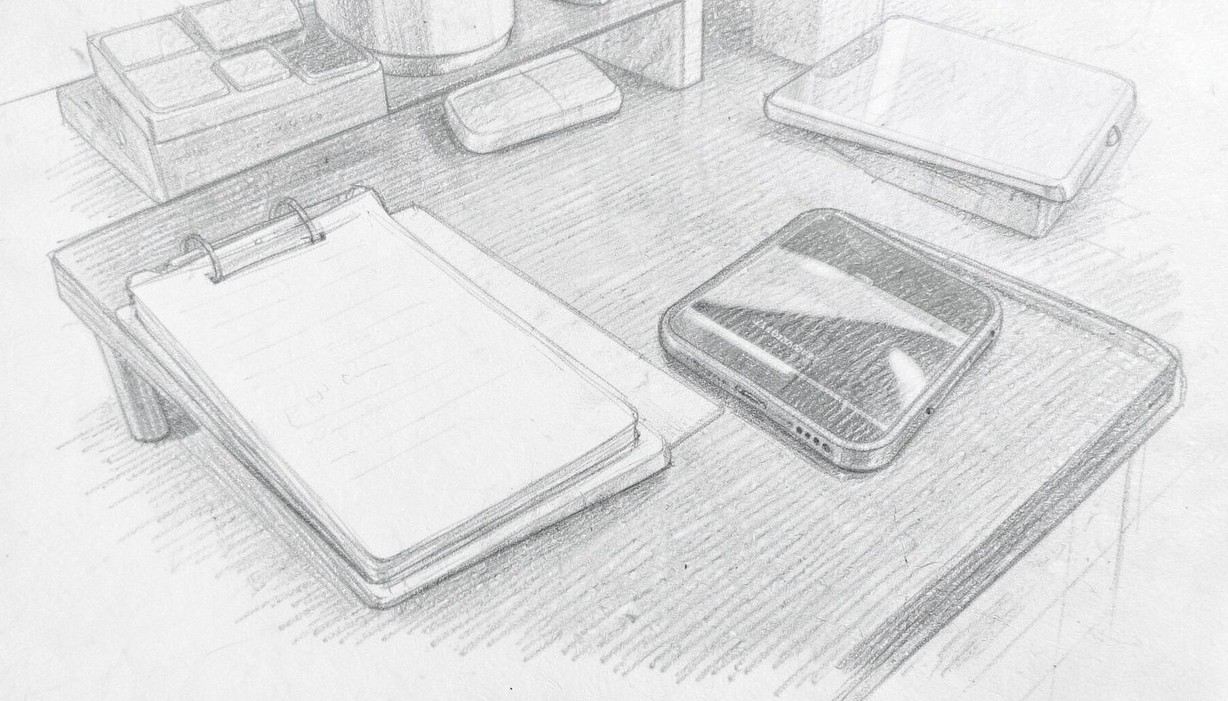 A graphite pencil sketch of a professional workspace with a desk, a notepad, and a smartphone, rendered in soft gray tones with a calm, focused mood.