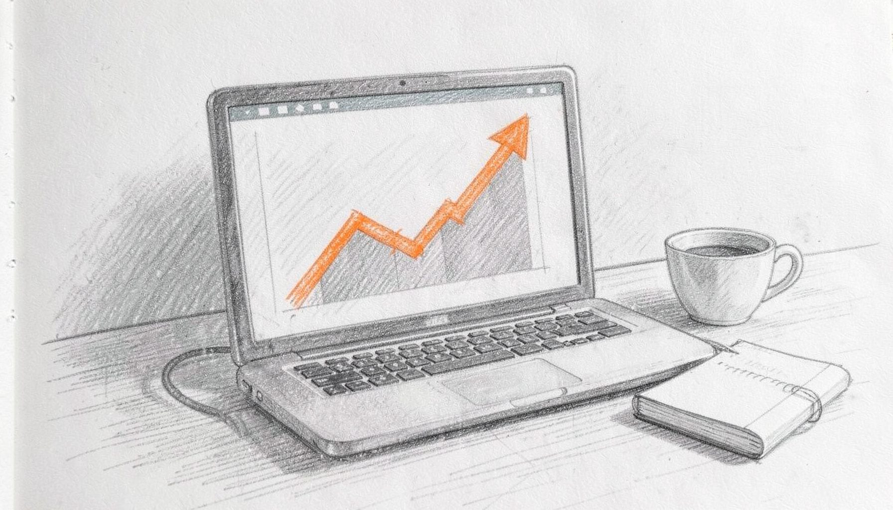 A graphite pencil sketch of a laptop screen displaying a rising reputation graph, with a coffee cup and notebook on a wooden desk, soft gray shading and a calm business atmosphere.