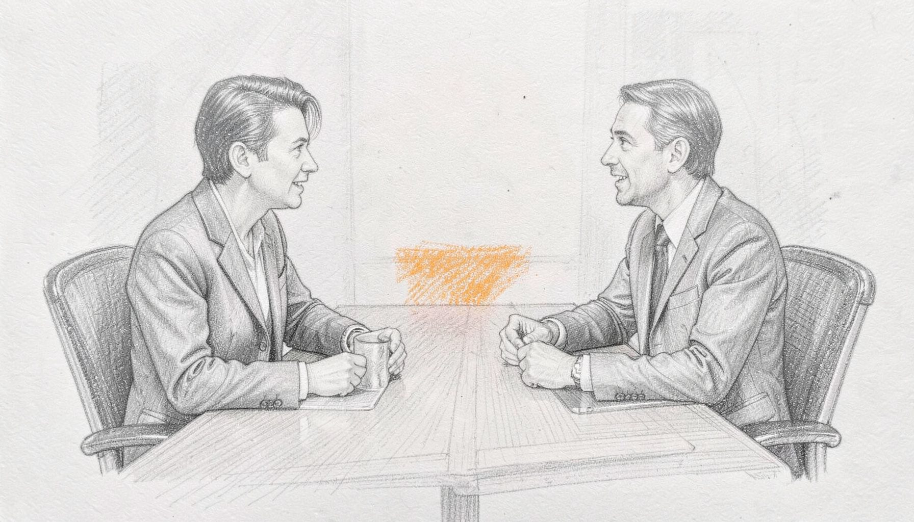 A graphite pencil sketch of two professionals in conversation across a conference table, with soft gray tones and a collaborative, business-focused mood.