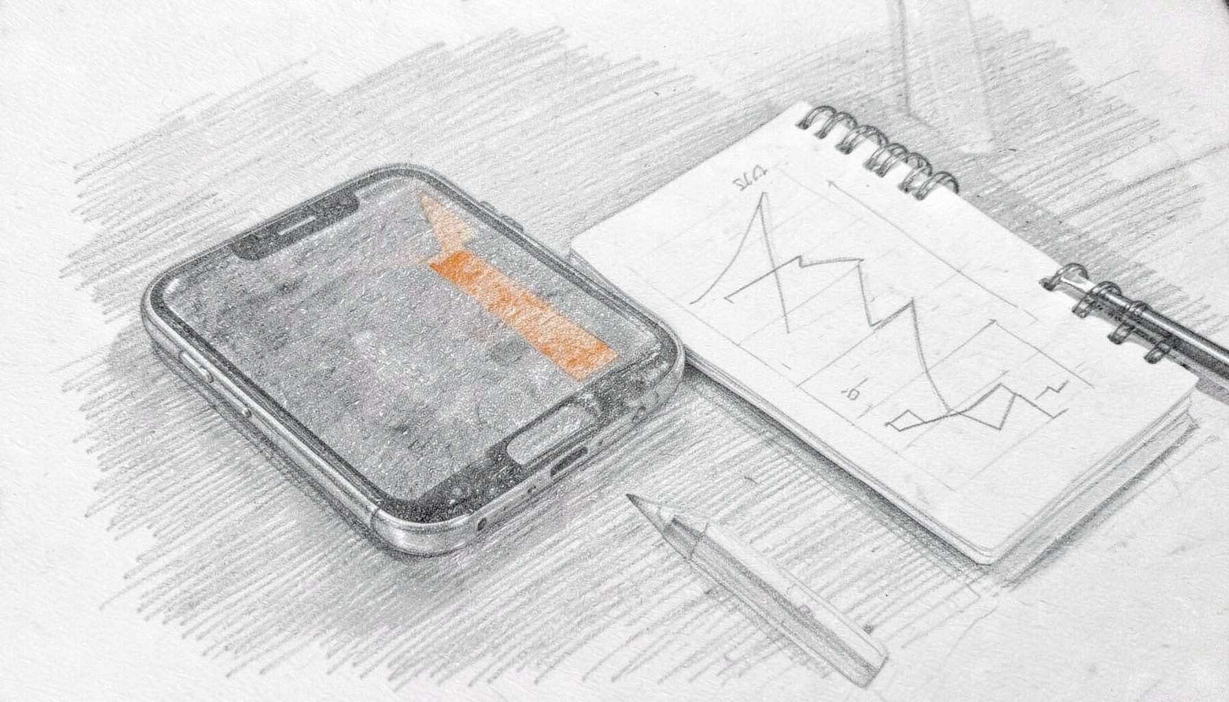 A graphite pencil sketch of a smartphone resting on a desk beside a notepad with marketing charts, soft grey shading and a calm business atmosphere.
